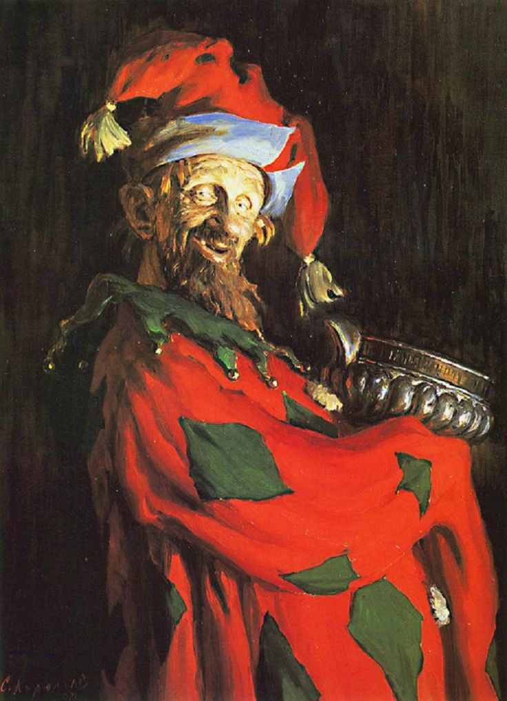 a painting of a man wearing a red and green outfit holding a silver bowl in his right hand