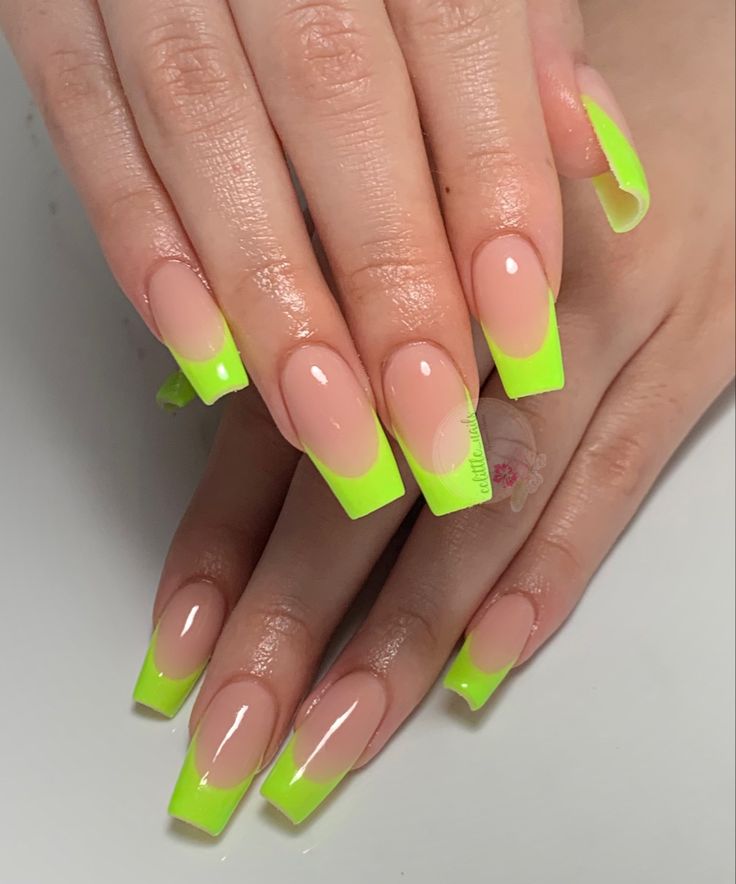 #neonnails #frenchtipnails Neon Green French Tip Nails With Design, Neon Nail Extensions, Neon Square Acrylic Nails, Spring French Tip Nails Coffin, Neon French Tips Nails, Neon French Tip Nails Coffin, Neon Green Nails French Tip, Neon Green French Nails, French Neon Nails