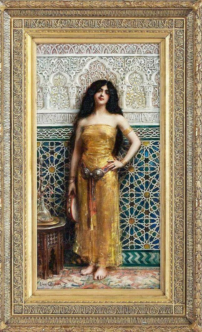 a painting of a woman in a gold dress with her hands on her hips, leaning against a wall