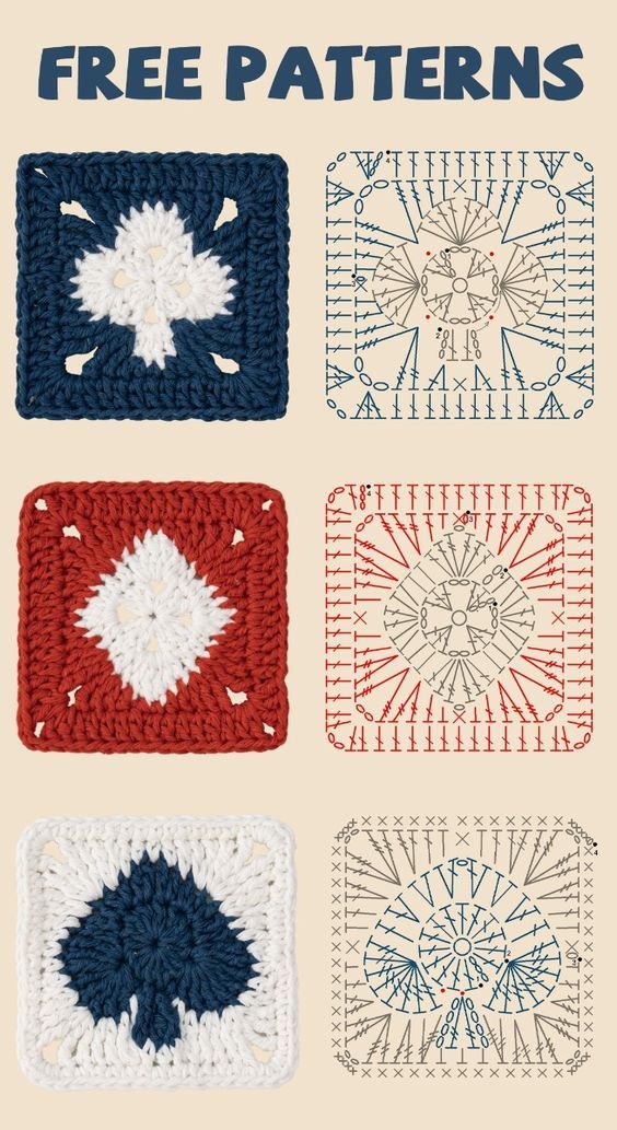 four crocheted squares with the words free patterns written in blue, white and red