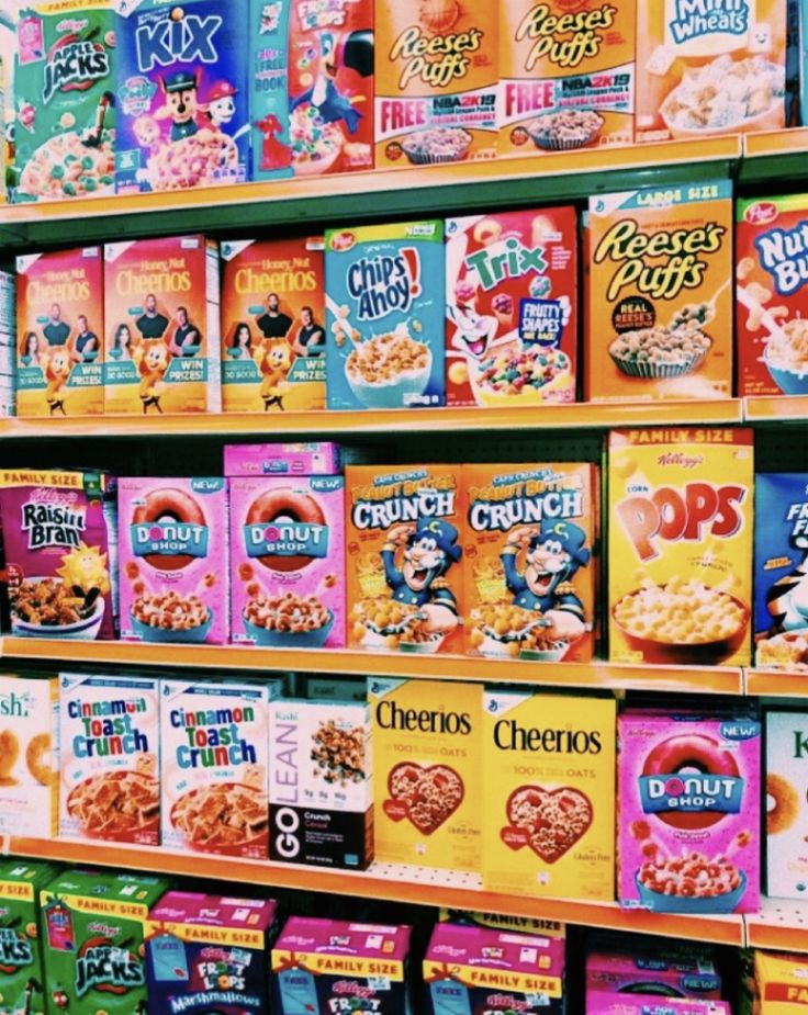 cereal is displayed on shelves in a store