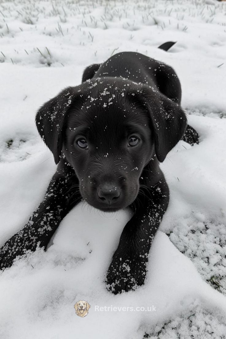 a black dog is laying in the snow