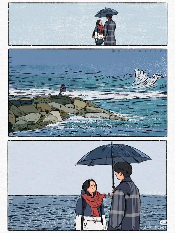 two people standing under an umbrella in the rain by the ocean, and another person holding an umbrella