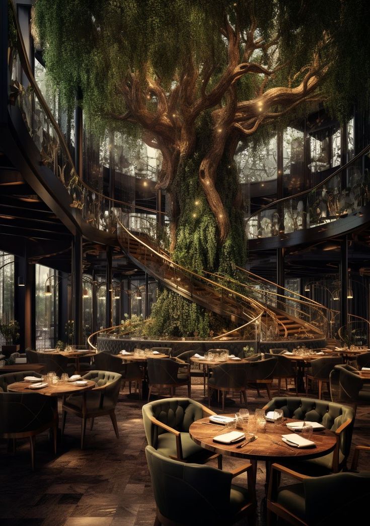 the interior of a restaurant with tables, chairs and a spiral staircase leading up to an enormous tree