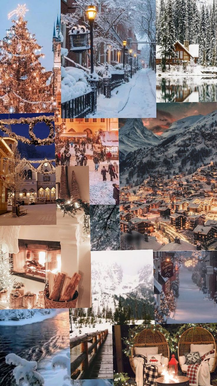 a collage of photos with people and buildings in the snow, trees, lights, and water