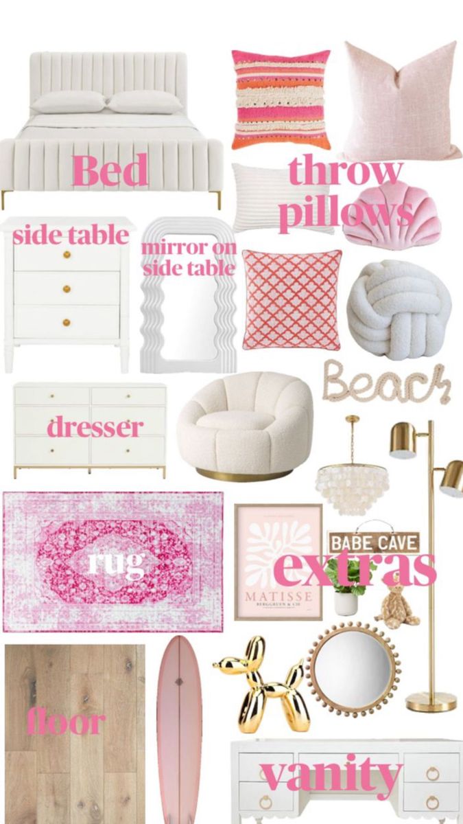 a collage of pink and white furniture with the words, bed, throw pillow, mirror on the wall