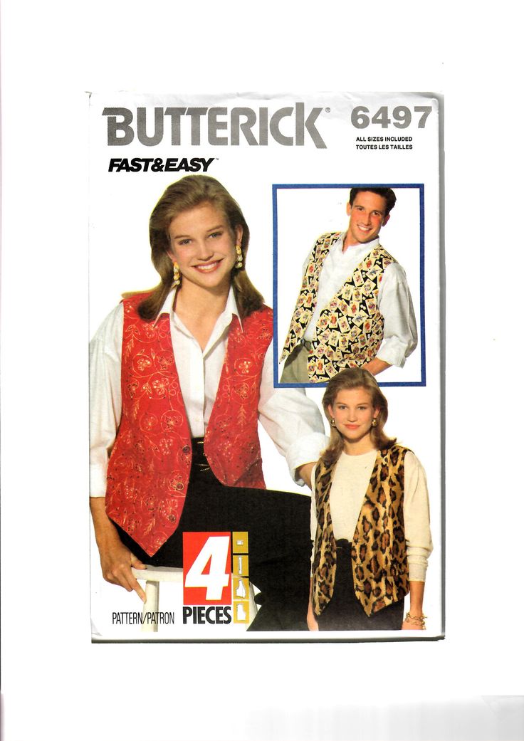 a woman wearing a vest and tie with an animal print pattern on the back, in front of a magazine advertisement for butterick 6477