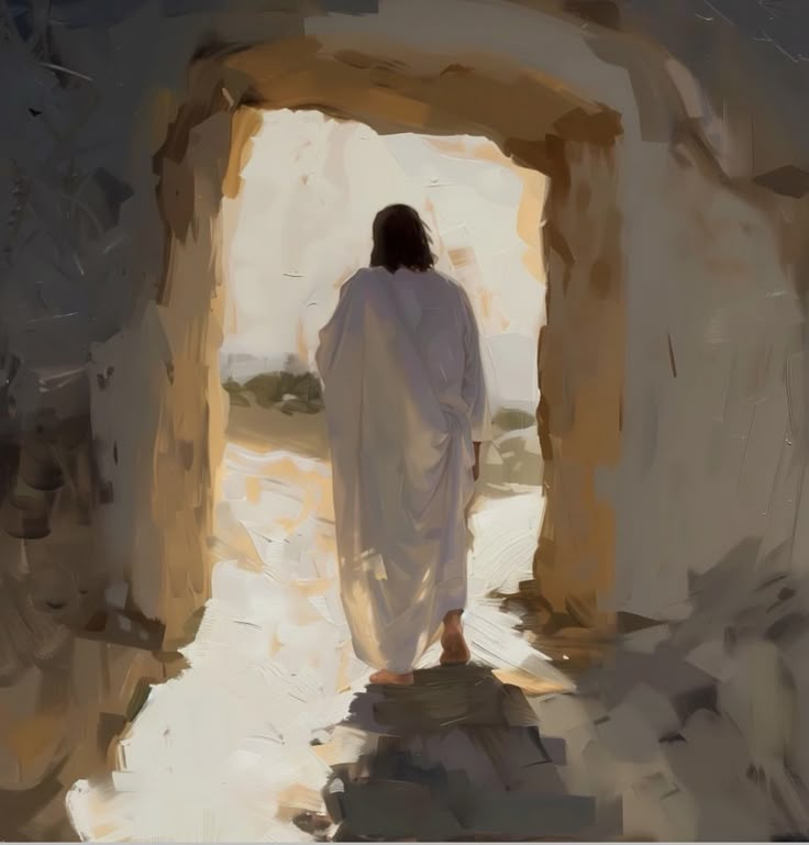 a painting of a person walking out of a tunnel in the desert with no one around