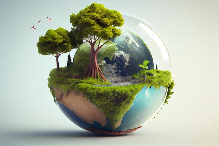 an image of the earth with trees and grass in it's center, floating on water