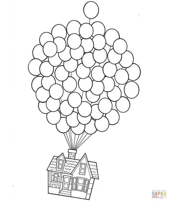 a drawing of a house with balloons in the air and a house on it's roof