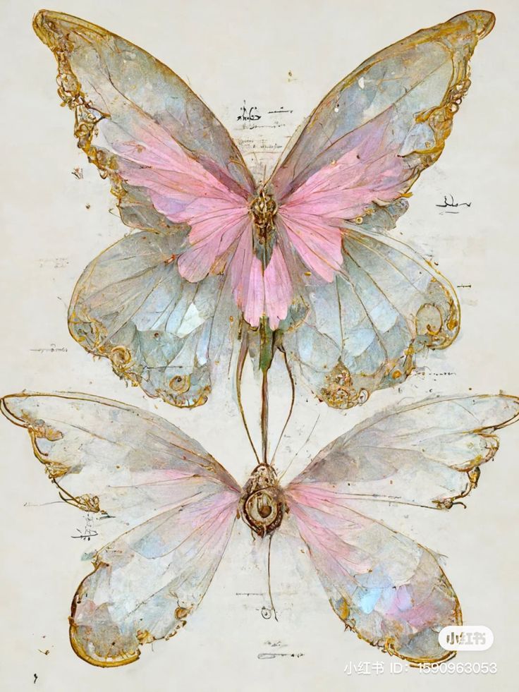 two pink and white butterflies sitting next to each other on top of a piece of paper