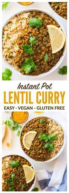 instant pot lentil curry with lemons and parsley on the side, served in white bowls