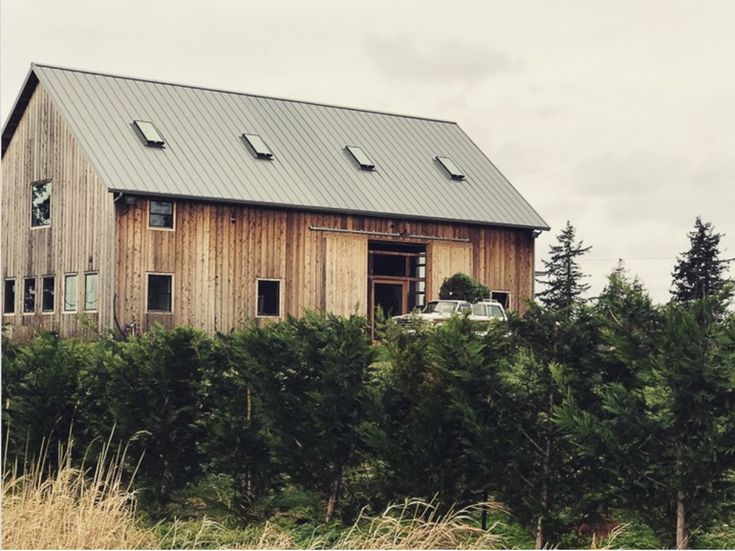 a wooden barn with a metal roof surrounded by tall grass and trees on a cloudy day