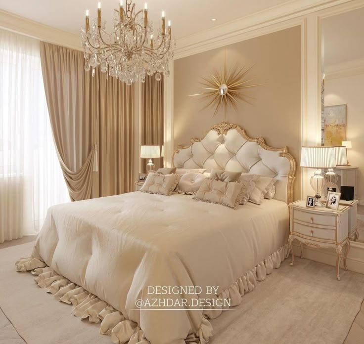 a large white bed sitting in a bedroom next to a chandelier and window