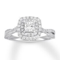 an engagement ring with a square diamond center surrounded by round brilliant pave cut diamonds