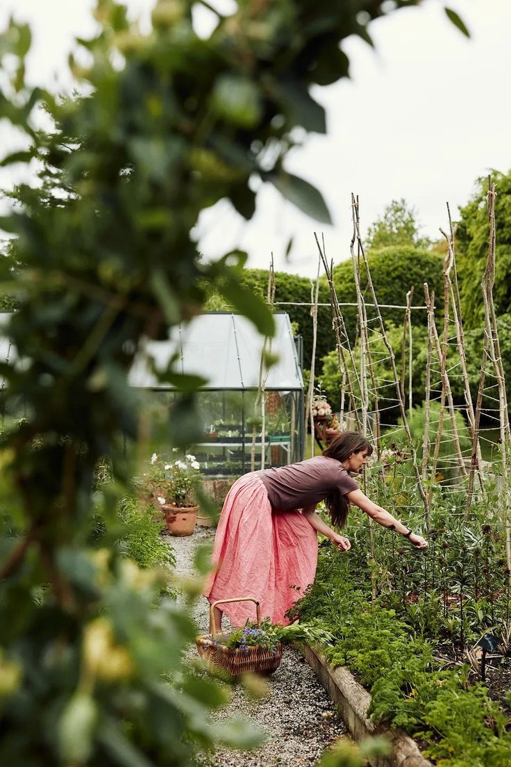 a woman in a garden reaching for something