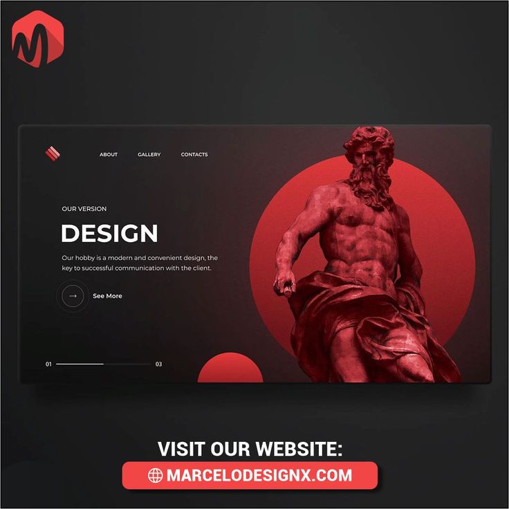 an image of a web page with a statue and red sun in the background that reads design