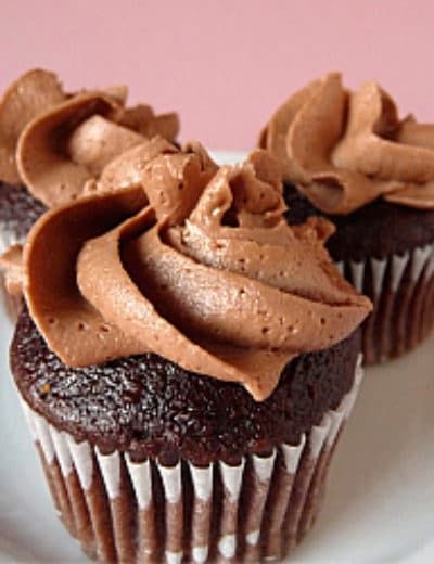 two chocolate cupcakes with frosting on a plate