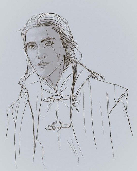 a black and white drawing of a man with long hair, wearing a cape on his head