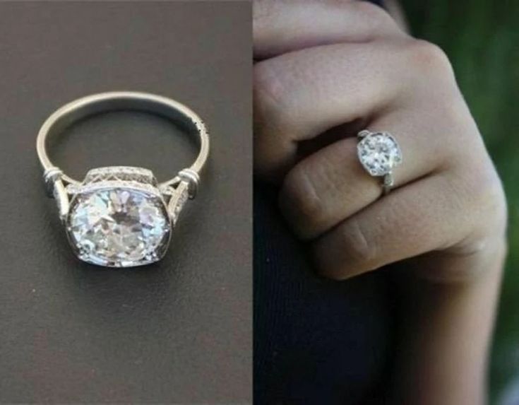 two different views of an engagement ring and the same one has a diamond in it