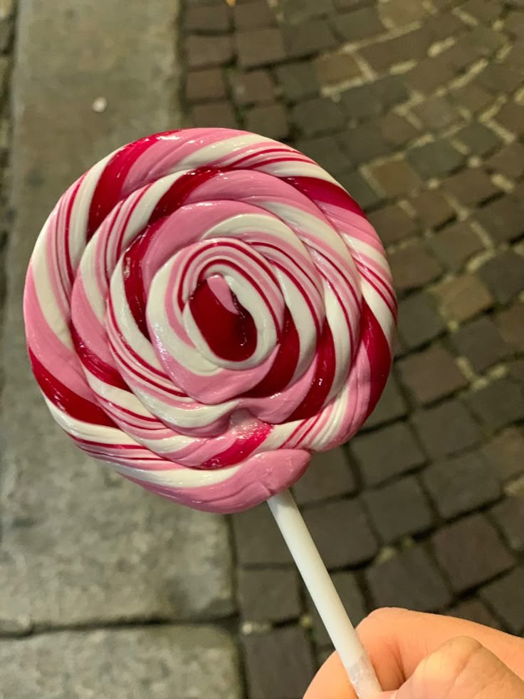 a person is holding a large candy lollipop