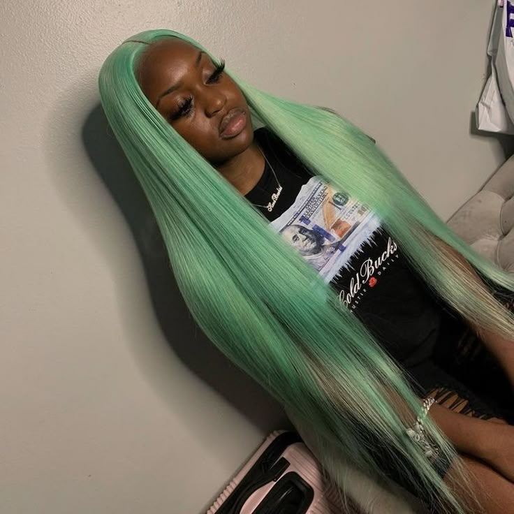 Long Green Hair, Straight Human Hair Bundles, Mint Hair, Frontal Wig Hairstyles, Green Wig, Wig Colors, Dyed Hair Inspiration, Lace Fronts, Front Lace Wigs