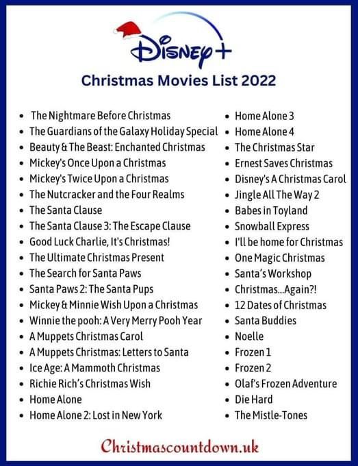 the christmas movies list is shown in blue and white, with red lettering on it