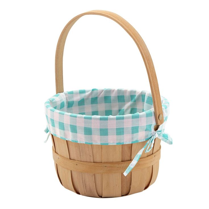 a wooden basket with a blue and white checkered lining