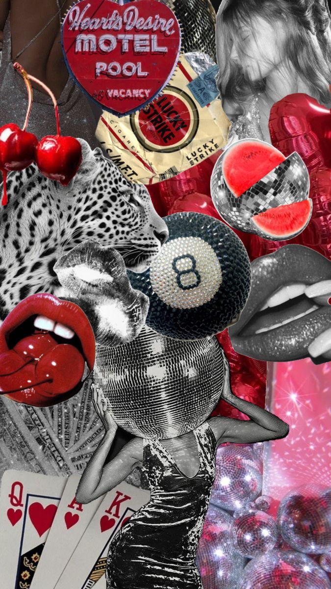 a collage of images with red, black and white items in the middle one has a number eight on it