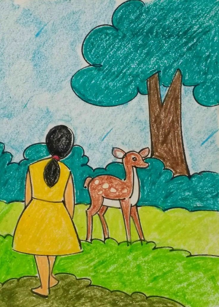 a child's drawing of a girl looking at a deer in the grass under a tree