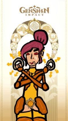 an image of a cartoon character holding two wrenches in front of her face and the words genshin tri - art