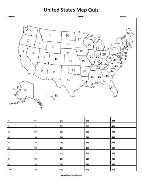 the united states map quiz is shown in black and white with numbers for each state