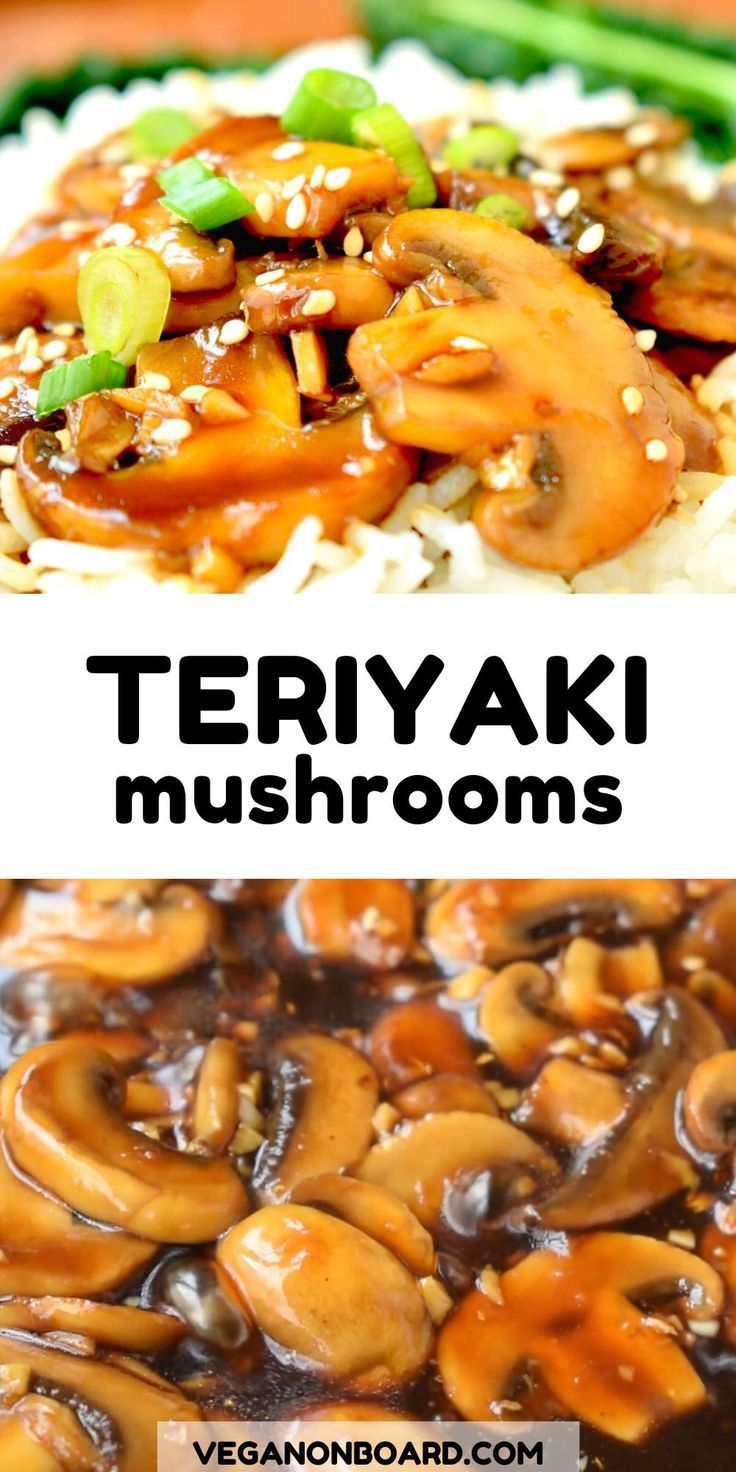 there is a plate with mushrooms and rice on it, and the words teriyaki mushrooms