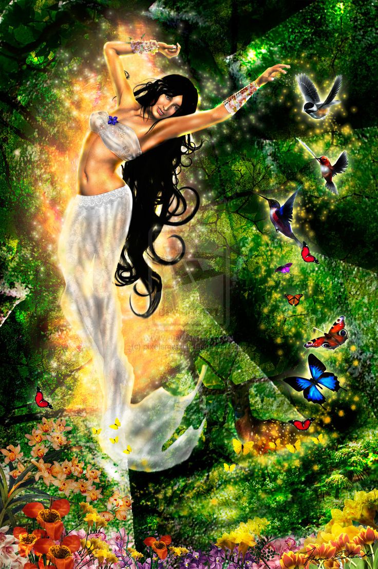 a painting of a woman in white dress surrounded by trees and butterflies with her arms outstretched