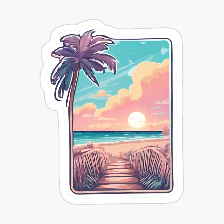 a palm tree sitting on top of a beach next to the ocean sticker and decal sheet