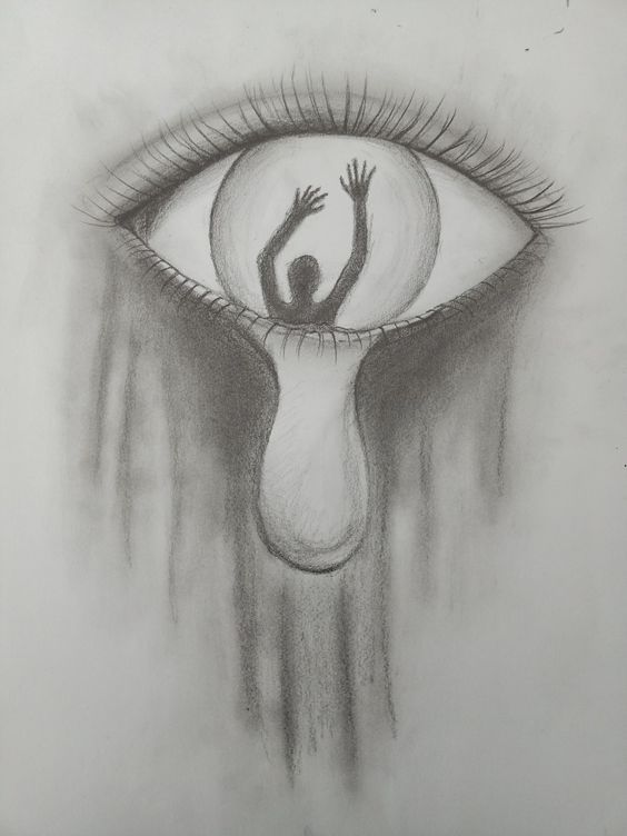 a drawing of an eye with a person reaching out to the water in it's center