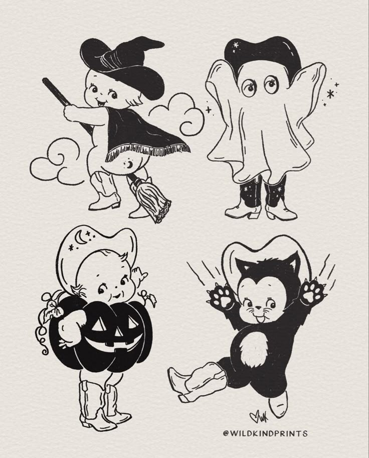 four halloween characters are shown in black and white