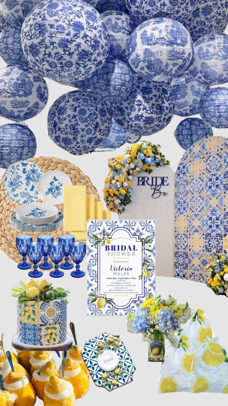 blue and white wedding theme with lemons, flowers, plates, napkins and vases