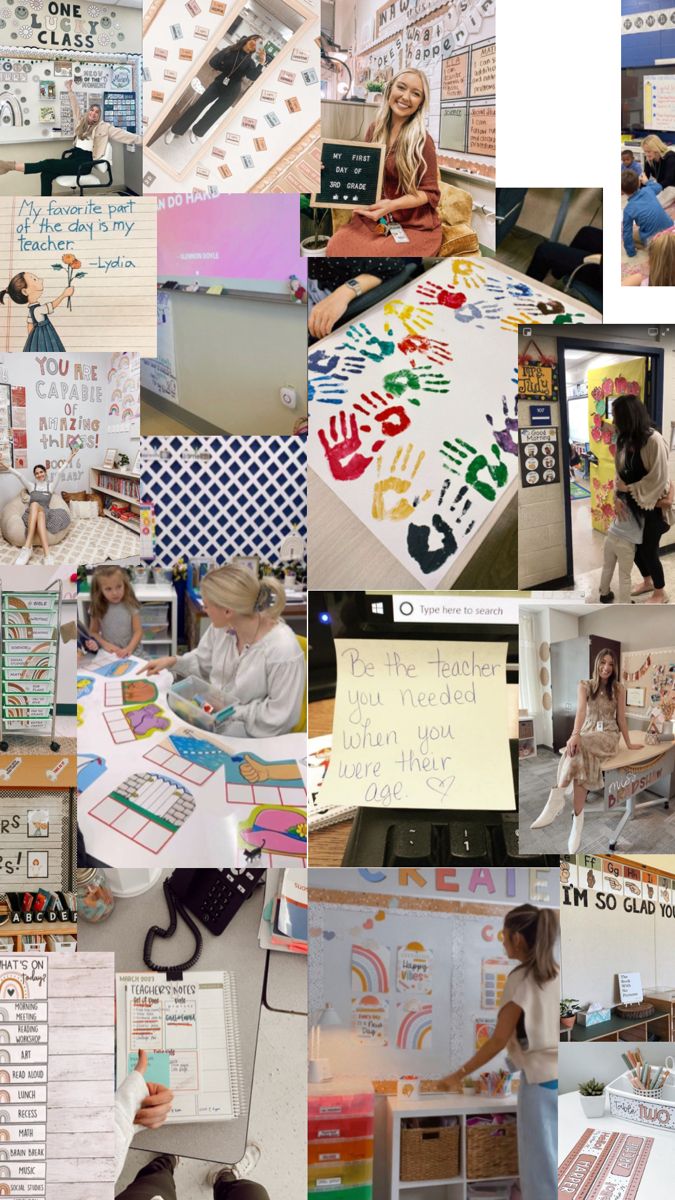 a collage of photos with people working at desks and writing on the walls