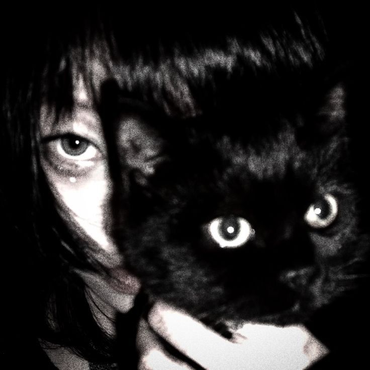 a woman holding a black cat up to her face with one eye wide open and looking at the camera