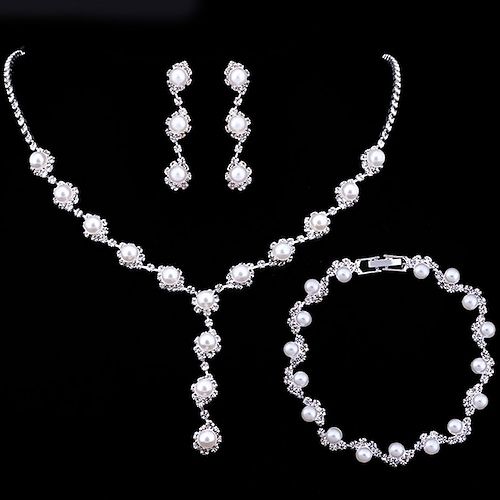 Gender:Women's; Gemstone:Crystal,Pearl; What's in the box:1 Bracelet,1 Pair of Earrings,1 Necklace; Length of Earrings:1.57(Approx.4cm); Width of Earrings:0.39(Approx.1cm); Length:7.48(Approx.19cm); Shape:Round; Style:Elegant,Fashion,Simple,everyday,Delicate,Ladies,Dainty,Bridal; Necklace Length:13.8-17.7(Approx.35cm-45cm); Jewelry Type:Pearl Necklace,Jewelry Set,Bracelet; Occasion:Engagement Party,Gift,Engagement,Valentine,Party,Wedding,Prom,Bridal Shower; Material:Alloy; Features:Multi-ways We Simple Crystal Necklace, Bride Jewelry Set, Wedding Accesories, Flower Statement Necklace, Set Bracelet, Bridal Diamond Jewellery, Pearl Jewelry Sets, Pearl Jewelry Necklace, Women's Jewelry Sets