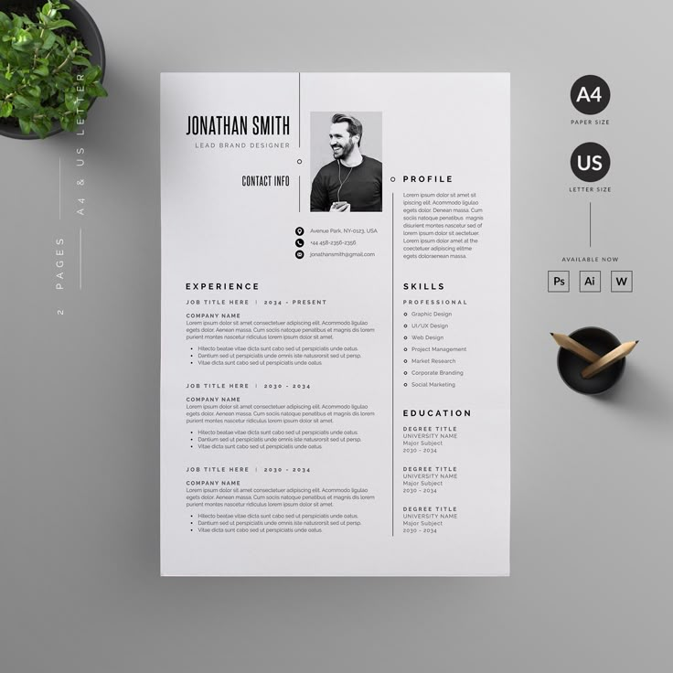 a clean and modern resume template with an image on the front, side and back