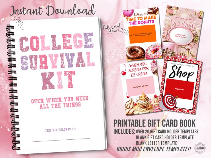 the college survival kit is open and ready to be used as a printable gift card book