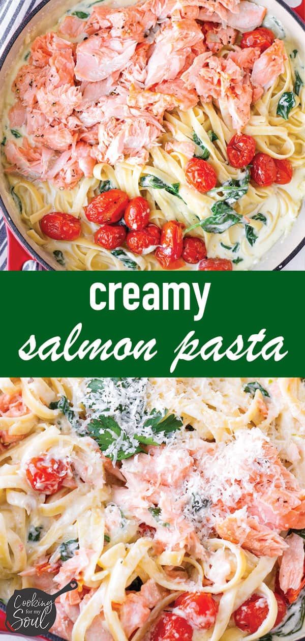 creamy salmon pasta with spinach and tomatoes in a skillet on a red table