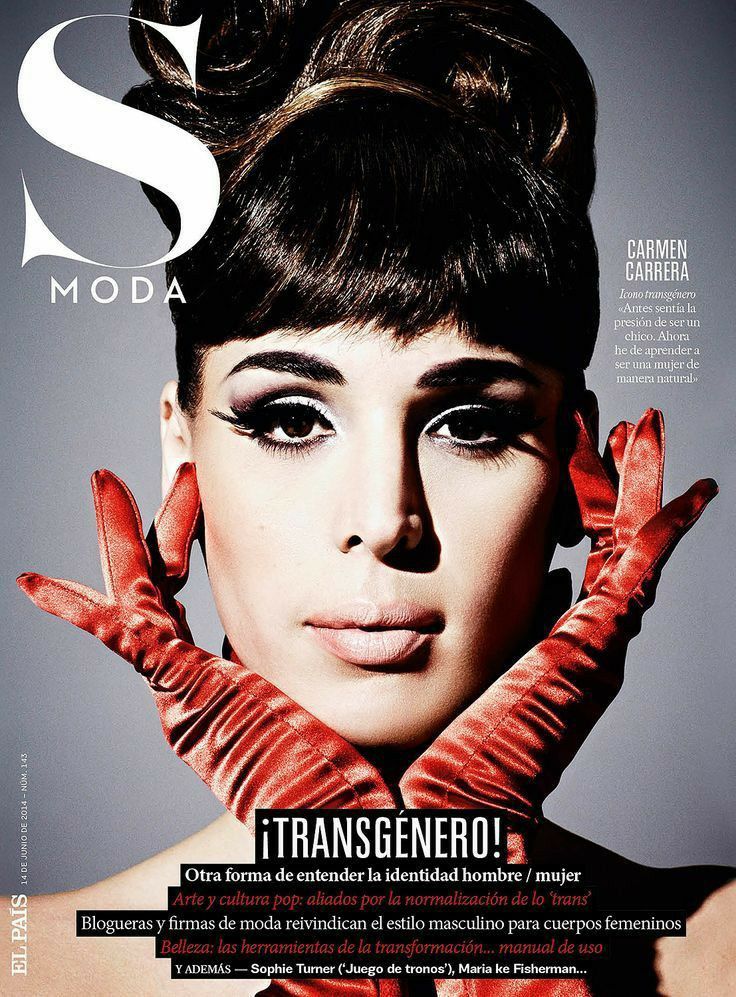 a woman with red gloves on her head and hands in front of her face, posing for the cover of moda magazine