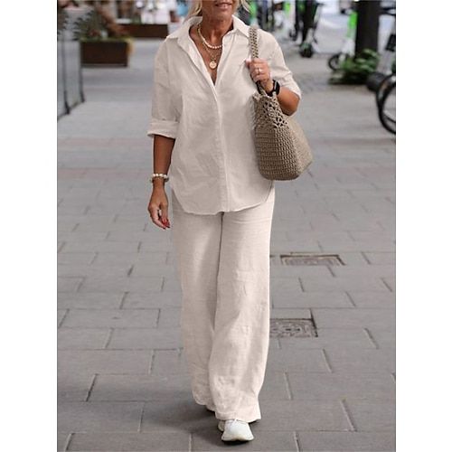 Season:Summer,Spring; Fabric:Linen; Sleeve Length:Long Sleeve,Long Pant; Gender:Women's; Nightwear Style:Loungewear,Sets; Style:Casual,Comfort,Simple; Elasticity:Micro-elastic; Tops Type:Shirt; Occasion:Going out,Home,Daily,Street; Age Group:Adults; Function:Breathable; Pattern:Pure Color; Design:Buttons; Neckline:Lapel; Bottom Type:Pant; Listing Date:05/03/2023; Hips:; Length:; Length [Bottom]:; Waist:; Bust:; Sleeve Length: Wide Leg Pant Suit, Jeans Overall, Stylish Summer Outfits, Shirt Pant Set, Wide Trousers, Two Piece Pants Set, Maxi Robes, Linen Set, Loose Outfit