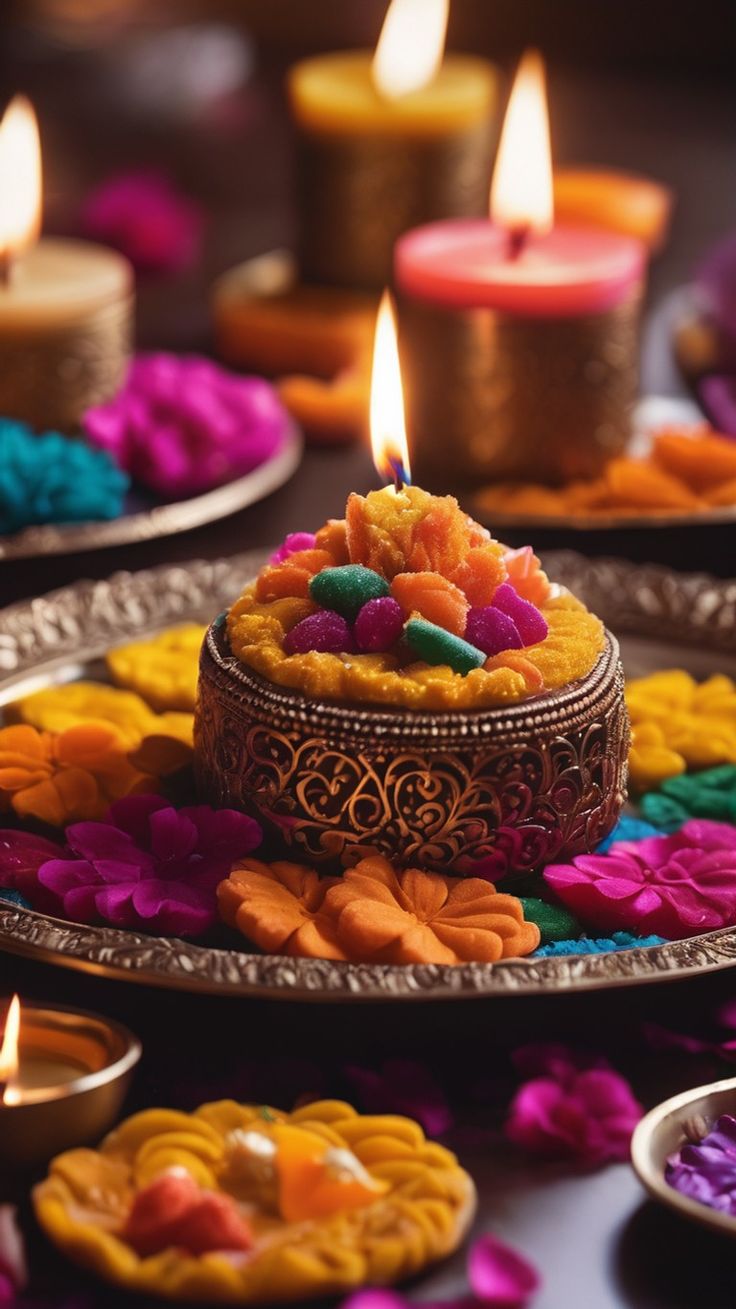 there are many candles that are on the plate and in the background is colorful petals