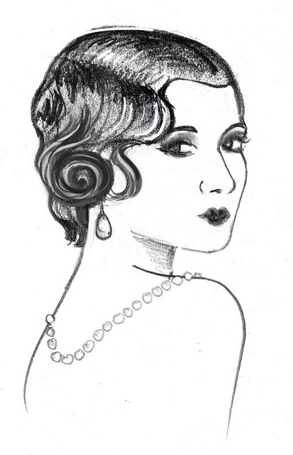 a black and white drawing of a woman's face with pearls on her hair