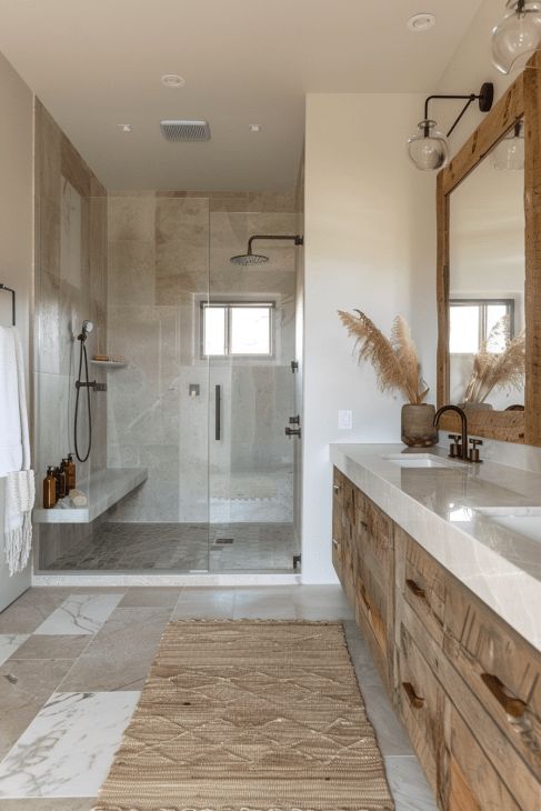 a large bathroom with two sinks and a shower