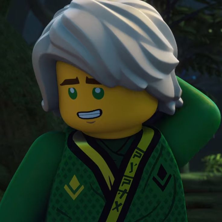 the lego movie character is wearing a green outfit and white hair, with his eyes closed